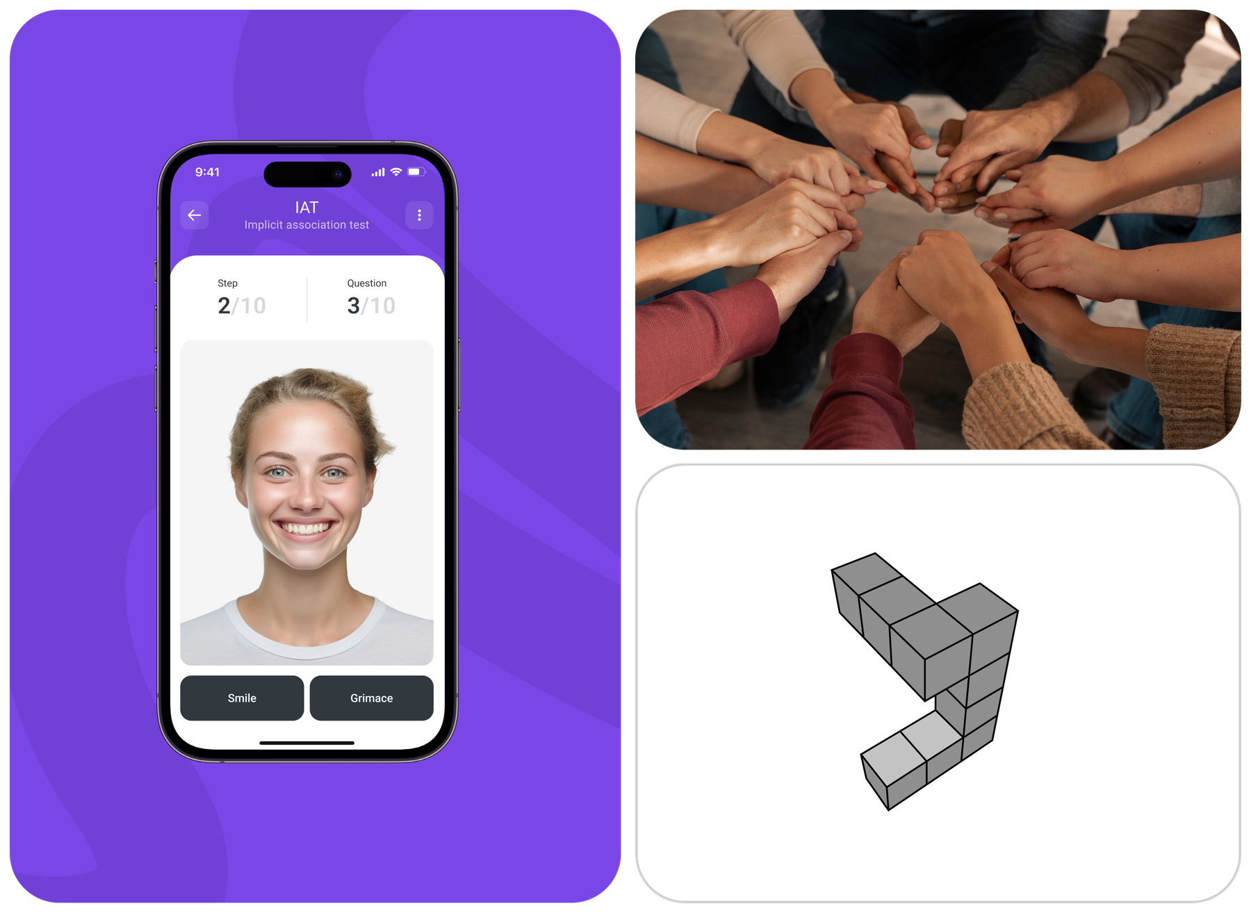Group therapy photo and abstract illustration used in Helpy assessment tests