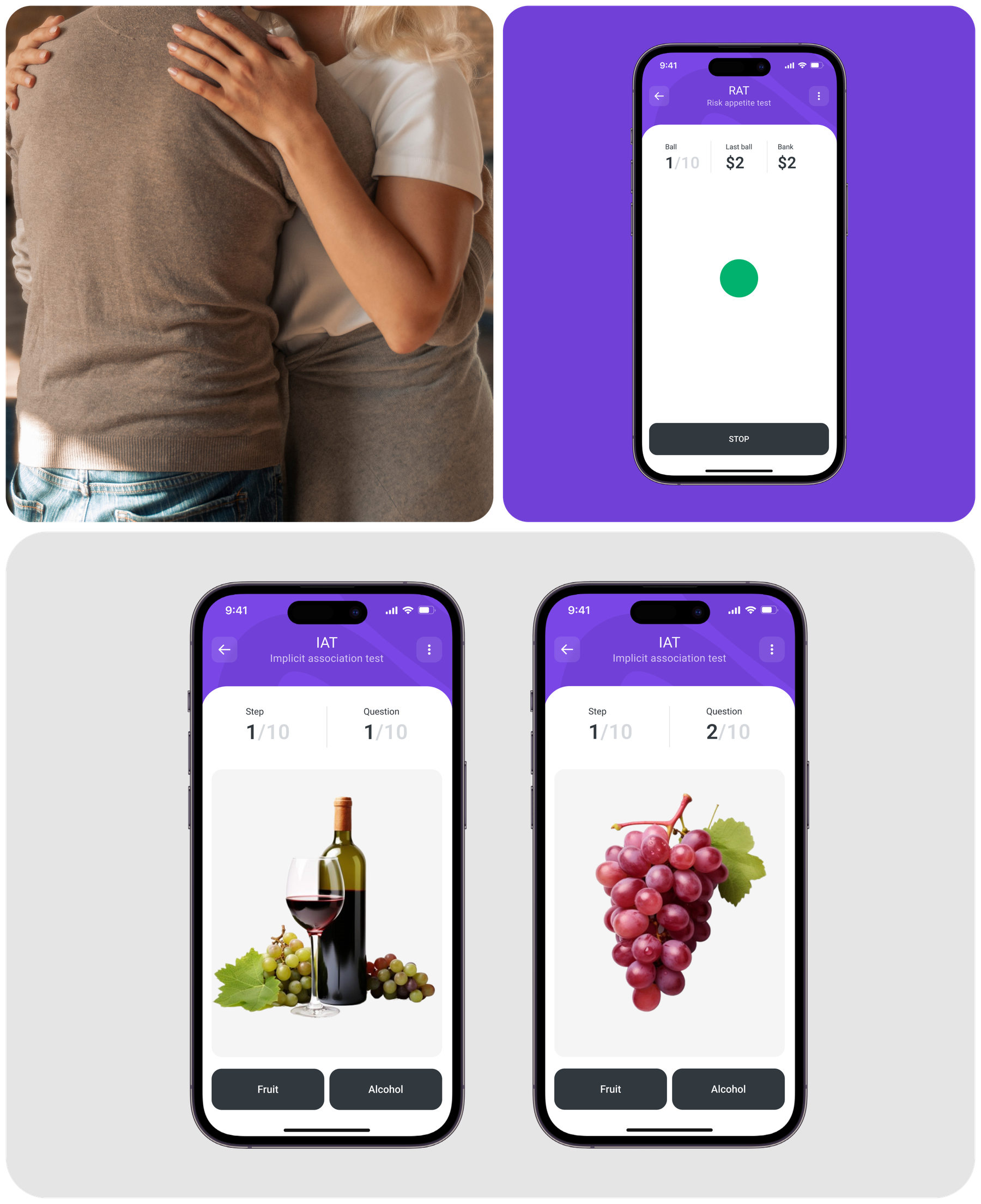 Examples of implicit association and risk appetite tests in the Helpy app