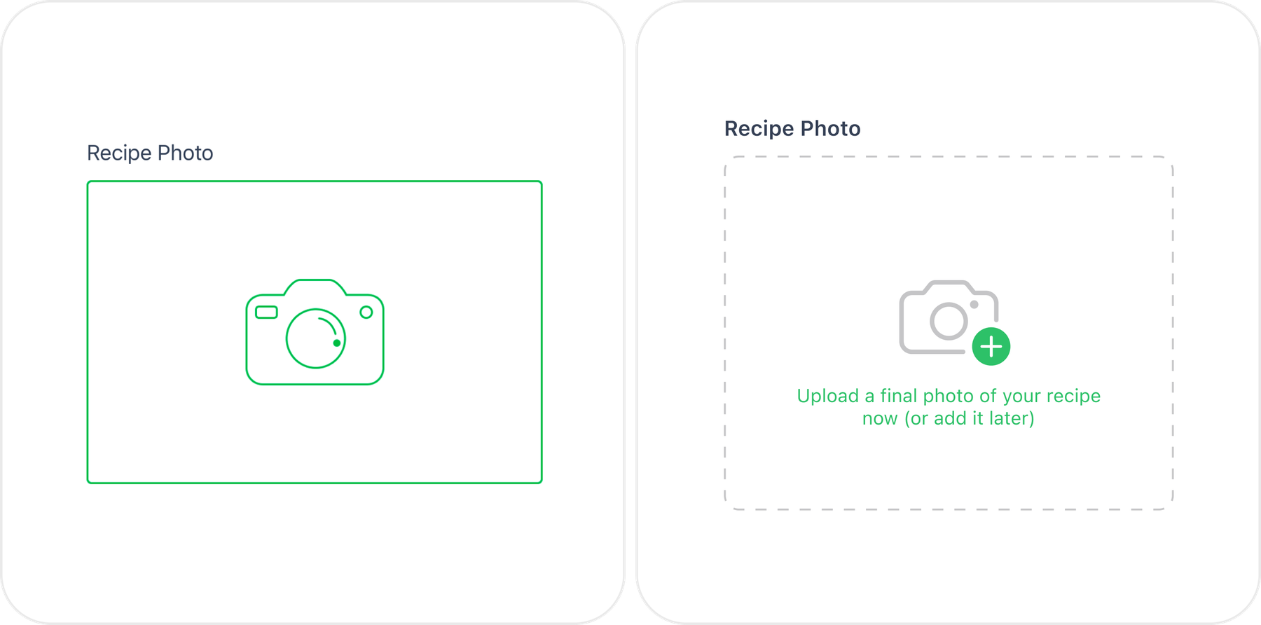 Before and after comparison of the recipe photo upload element