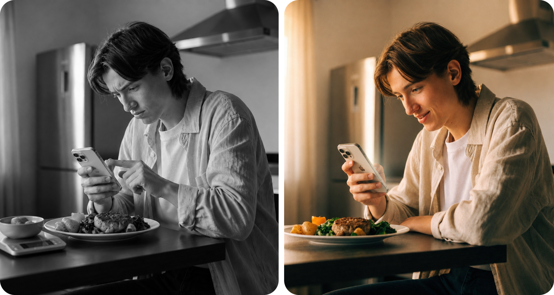 Split comparison of a person manually weighing and searching for food versus quickly photographing a meal