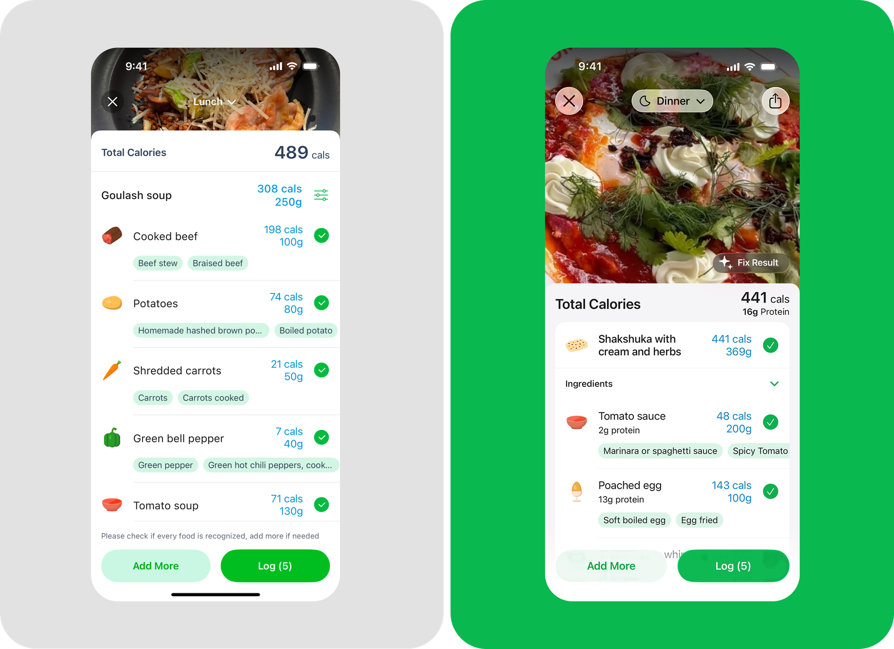 Comparison of the first version of Meal Scan results screen versus the latest version