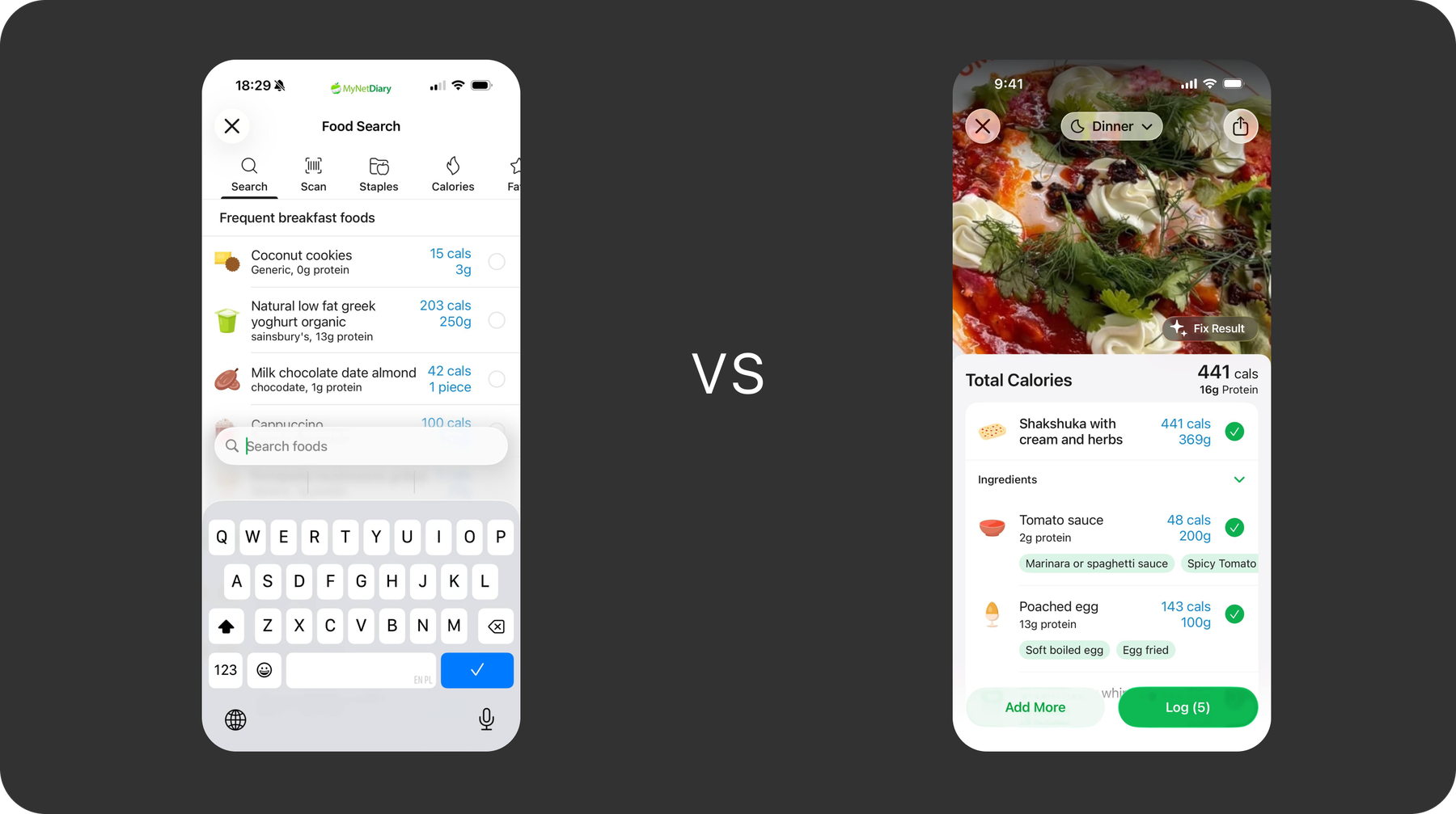 Comparison of manual food search versus AI Meal Scan results screen