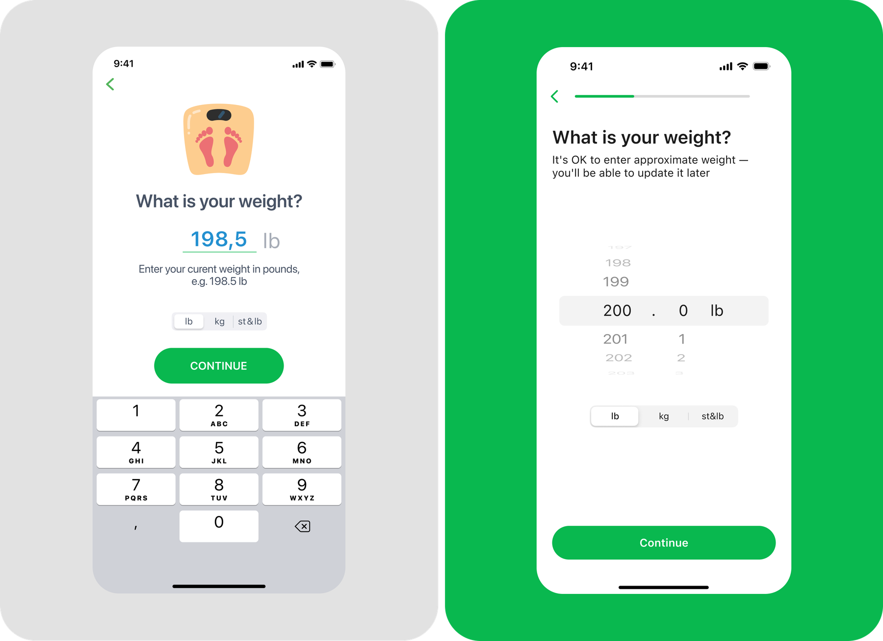 Before and after: weight input screen redesign