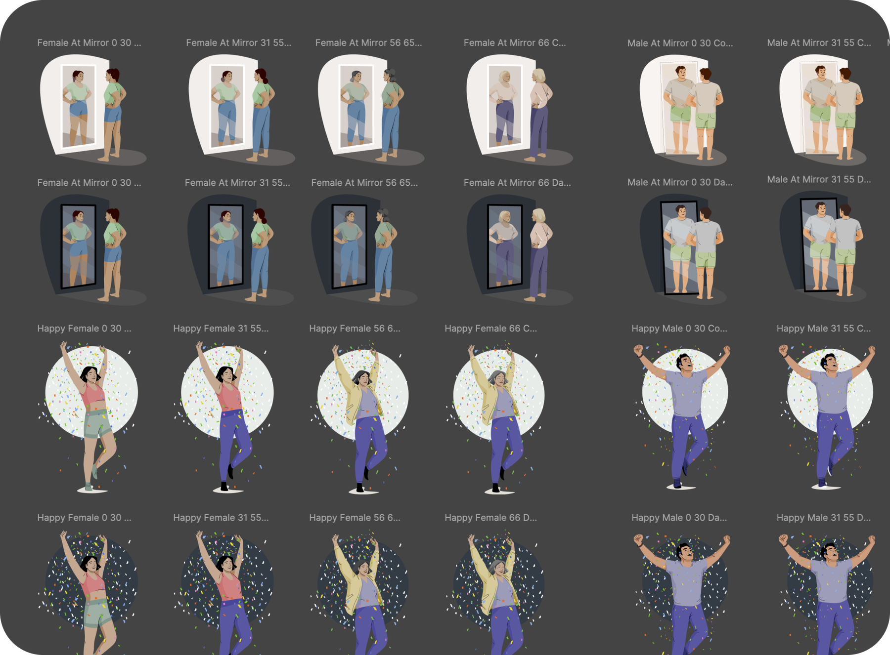 Custom onboarding illustrations for different user segments in light and dark mode