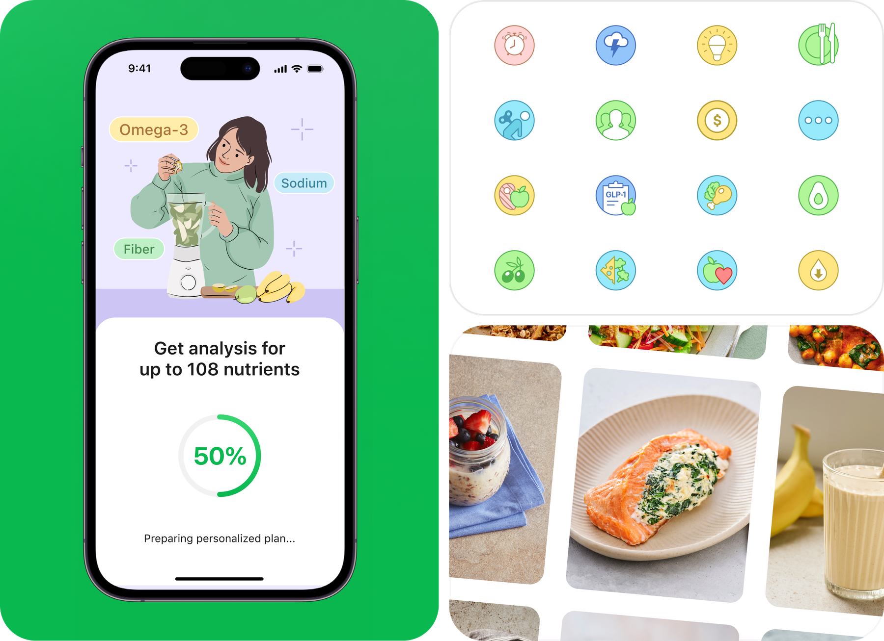 User plan loading screen and diet icons with photo collages