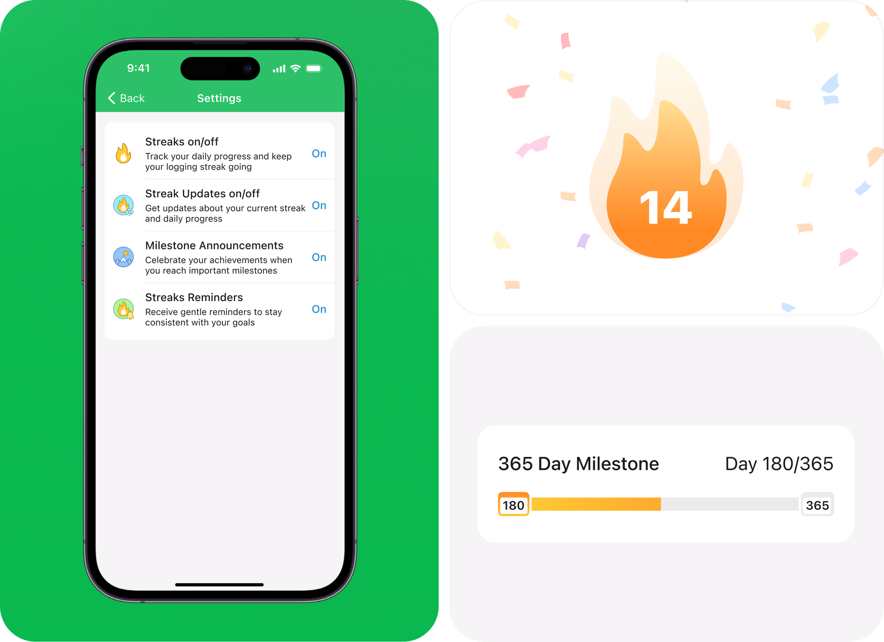 Streaks settings screen with toggles for streak updates, milestone announcements, and reminders